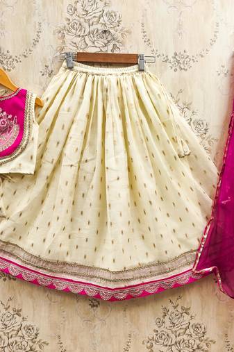 White silk blend printed kids lehenga choli