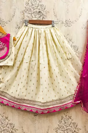 White silk blend printed kids lehenga choli