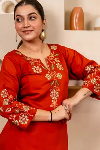 Orange women kurta pant dupatta set