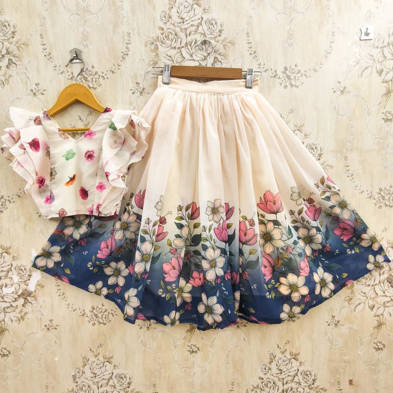 Blue faux georgette  kids lehenga choli