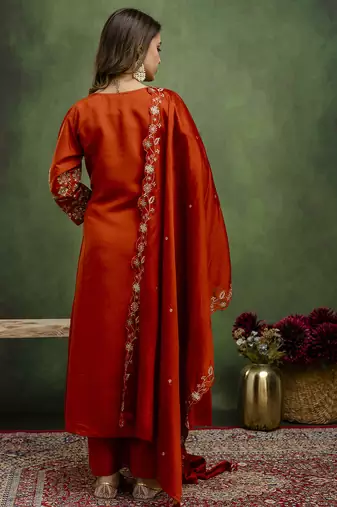Orange women kurta pant dupatta set