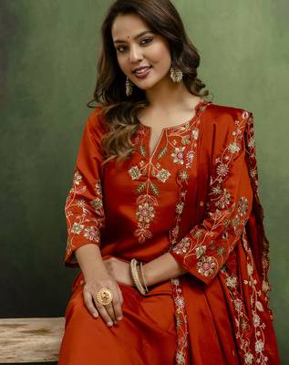 Orange women kurta pant dupatta set 3