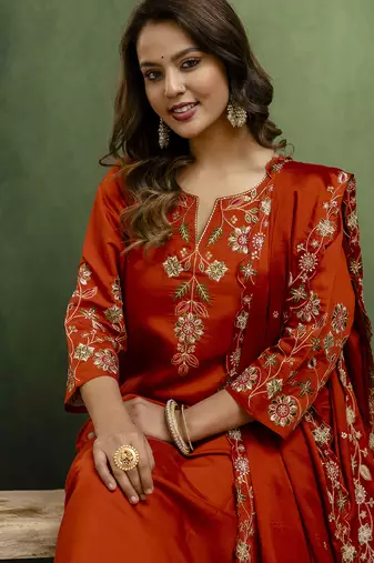 Orange women kurta pant dupatta set