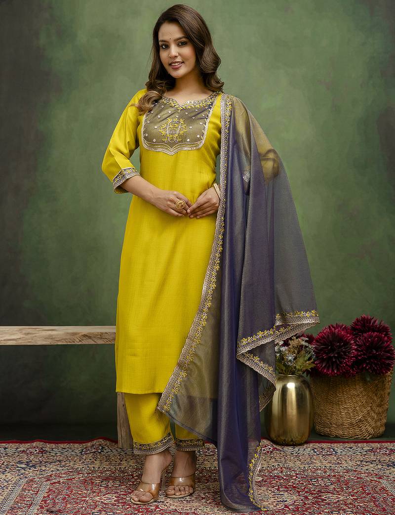 Yellow women kurta pant dupatta set