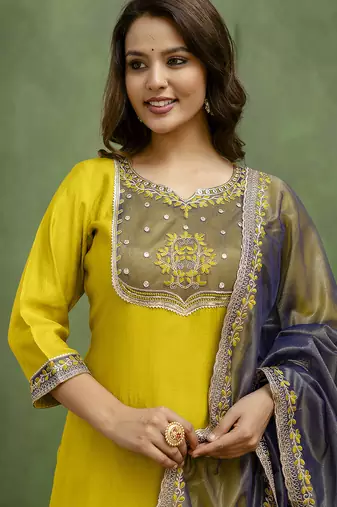 Yellow women kurta pant dupatta set