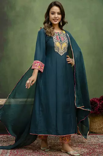 Blue women kurta pant dupatta set