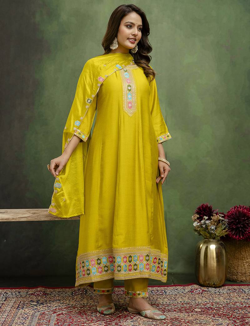 Yellow women kurta pant dupatta set