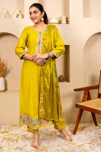 Yellow women kurta pant dupatta set