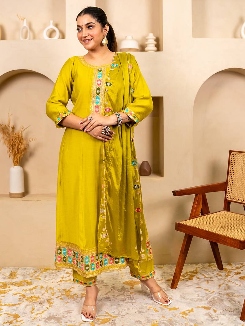 Yellow women kurta pant dupatta set