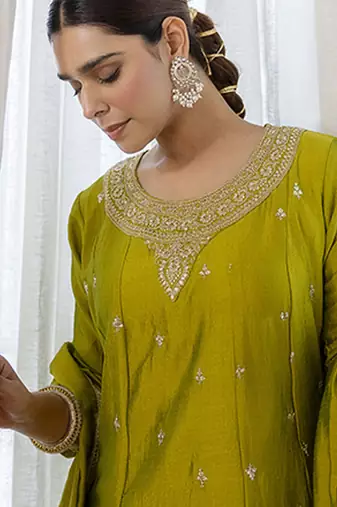 Green women kurta pant dupatta set