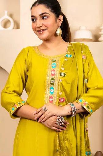 Yellow women kurta pant dupatta set