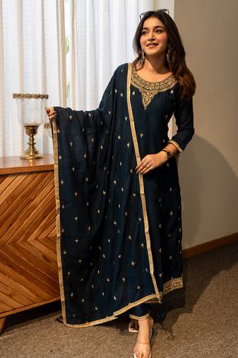 Dark blue women kurta pant dupatta set