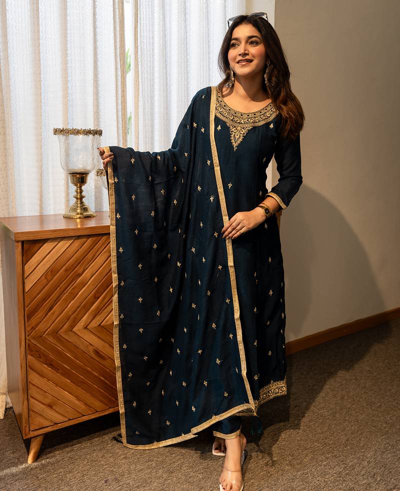 Dark blue women kurta pant dupatta set