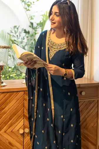 Dark blue women kurta pant dupatta set