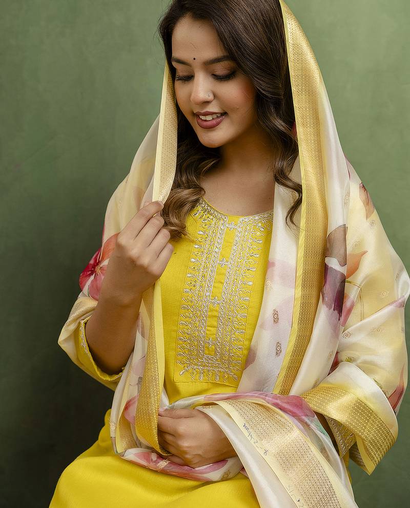 Yellow women kurta pant dupatta set