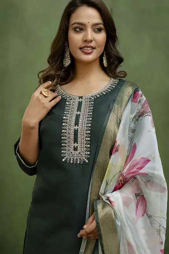 Green women kurta pant dupatta set