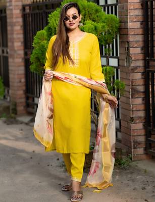 Yellow women kurta pant dupatta set 1