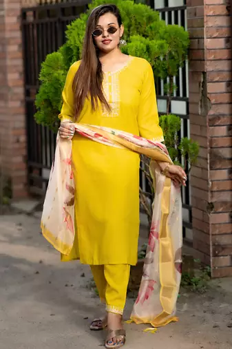 Yellow women kurta pant dupatta set