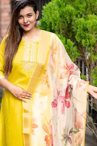 Yellow women kurta pant dupatta set