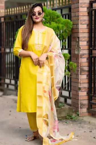 Yellow women kurta pant dupatta set