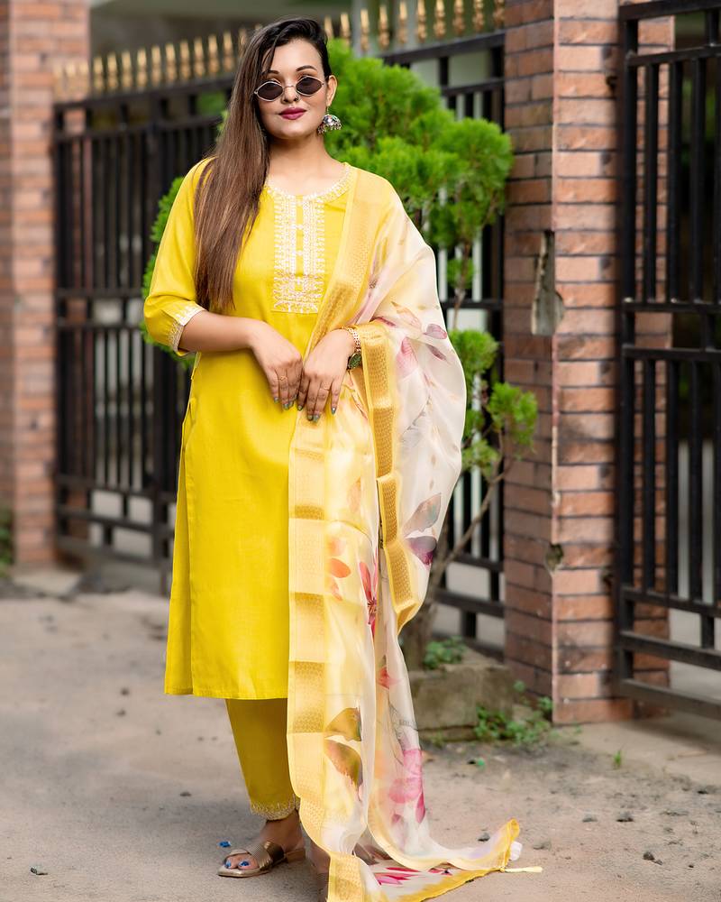 Yellow women kurta pant dupatta set