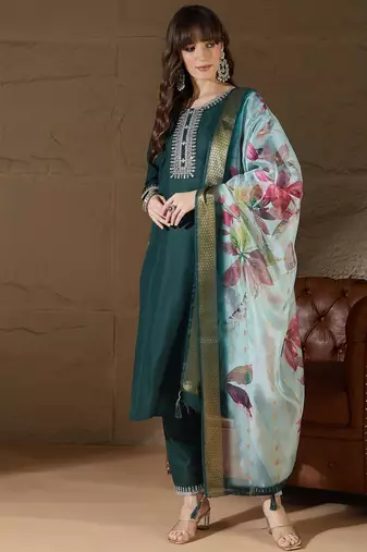 Green women kurta pant dupatta set