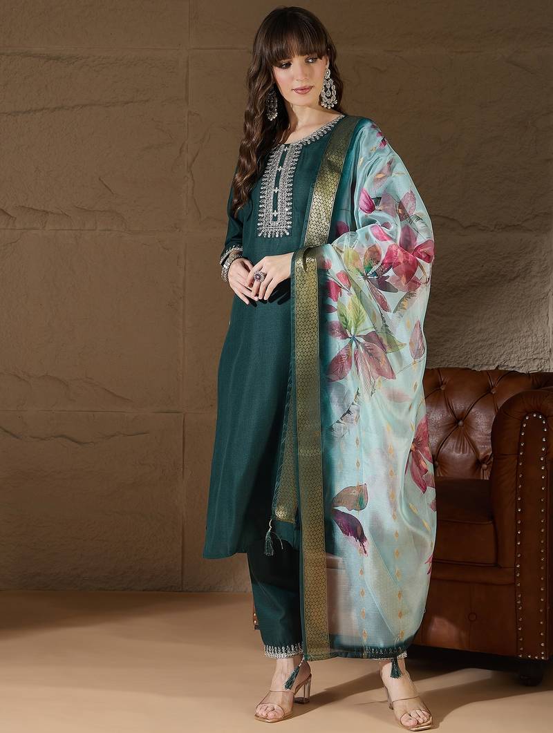 Green women kurta pant dupatta set