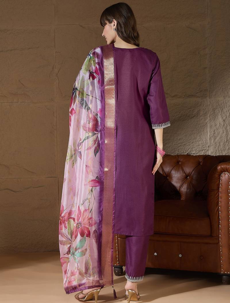 Purple women kurta pant dupatta set