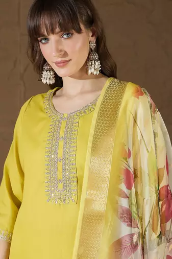 Yellow women kurta pant dupatta set