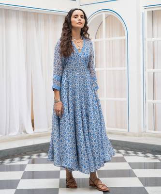 Blue floral embroidered organza wrap dress 1
