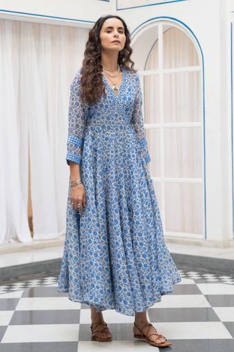 Blue floral embroidered organza wrap dress