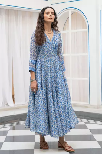 Blue floral embroidered organza wrap dress
