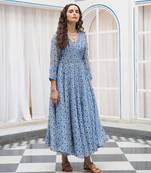 Blue floral embroidered organza wrap dress