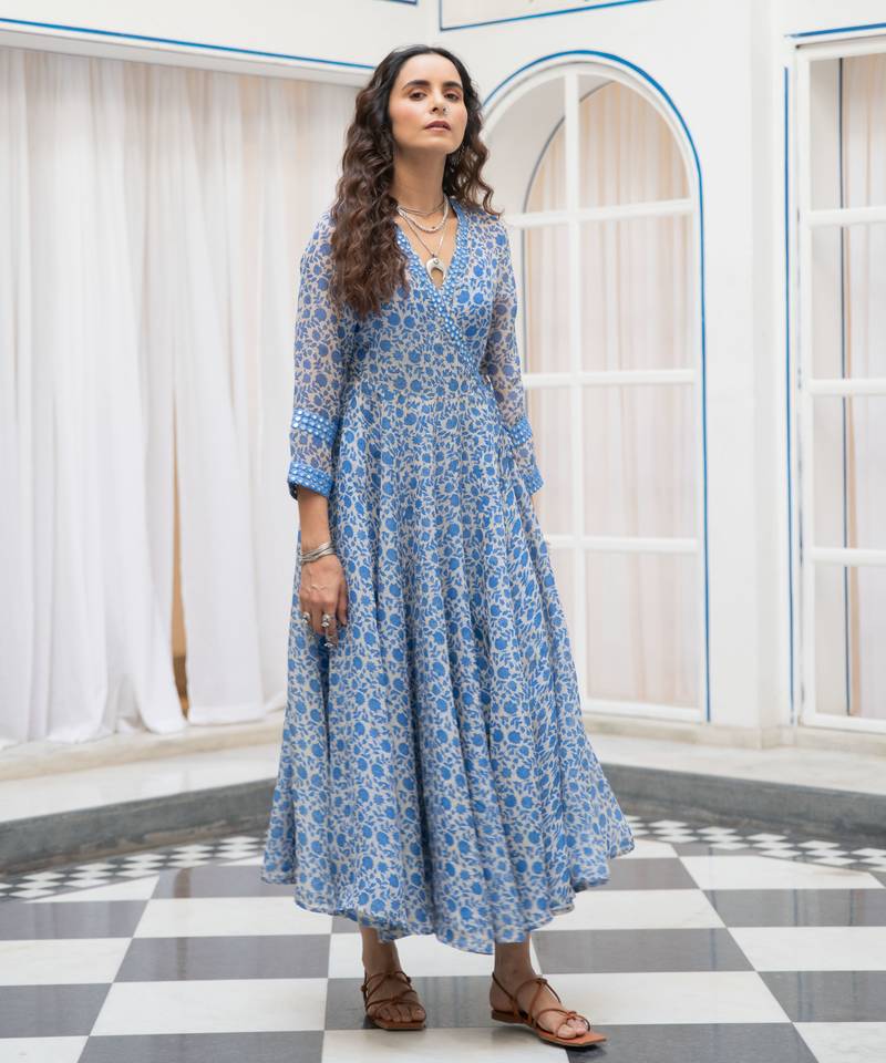 Blue floral embroidered organza wrap dress