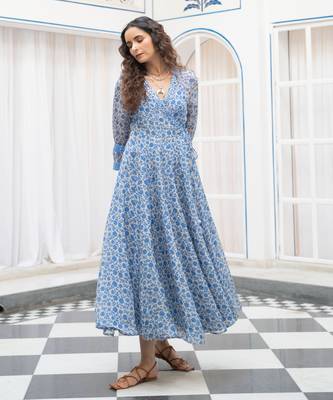 Blue floral embroidered organza wrap dress 2