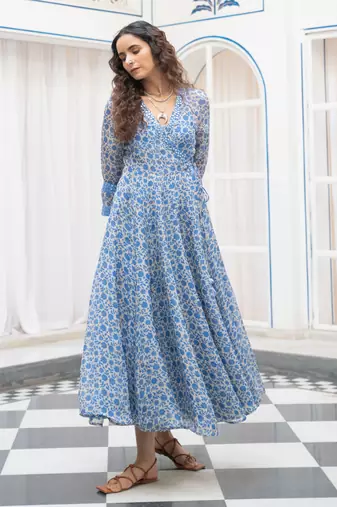 Blue floral embroidered organza wrap dress