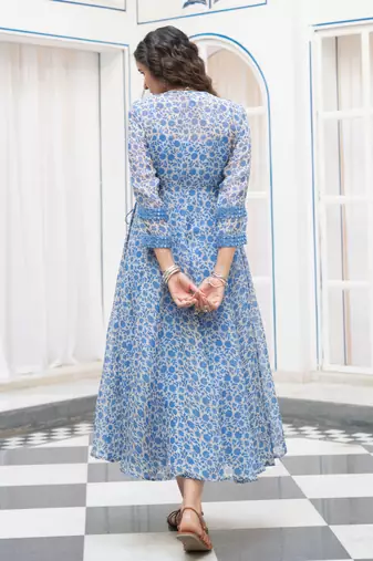 Blue floral embroidered organza wrap dress