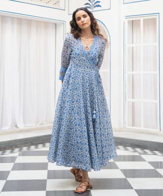 Blue floral embroidered organza wrap dress 4