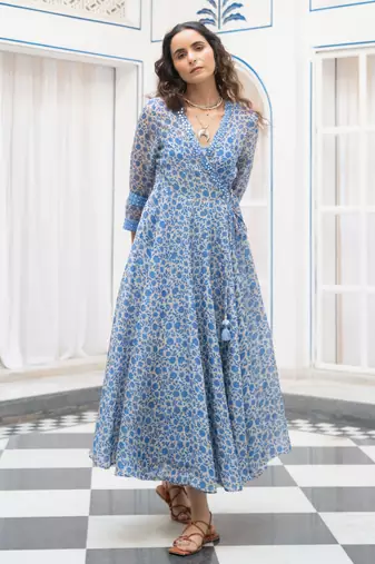 Blue floral embroidered organza wrap dress