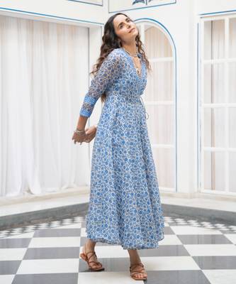 Blue floral embroidered organza wrap dress 5