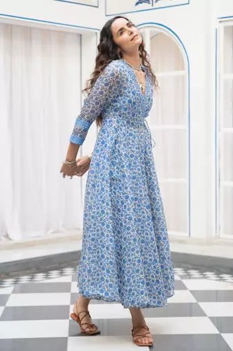 Blue floral embroidered organza wrap dress