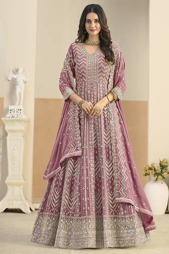 Faux georgette pink embroidered anarkali salwar kameez