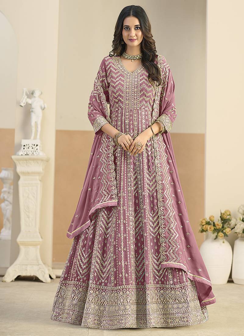 Faux georgette pink embroidered anarkali salwar kameez