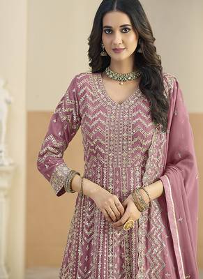 Faux georgette pink embroidered anarkali salwar kameez 4