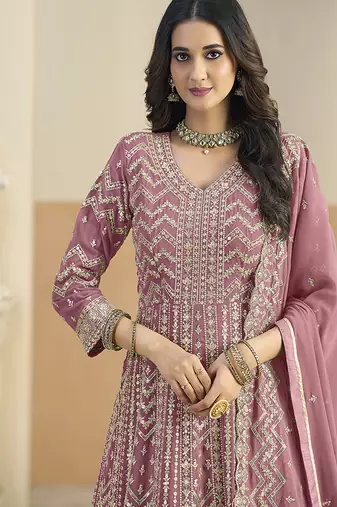 Faux georgette pink embroidered anarkali salwar kameez