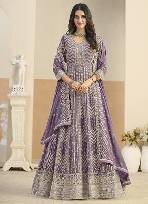 Faux georgette lavender embroidered anarkali salwar kameez 1