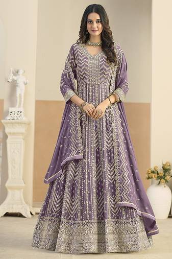 Faux georgette lavender embroidered anarkali salwar kameez