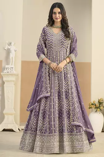 Faux georgette lavender embroidered anarkali salwar kameez