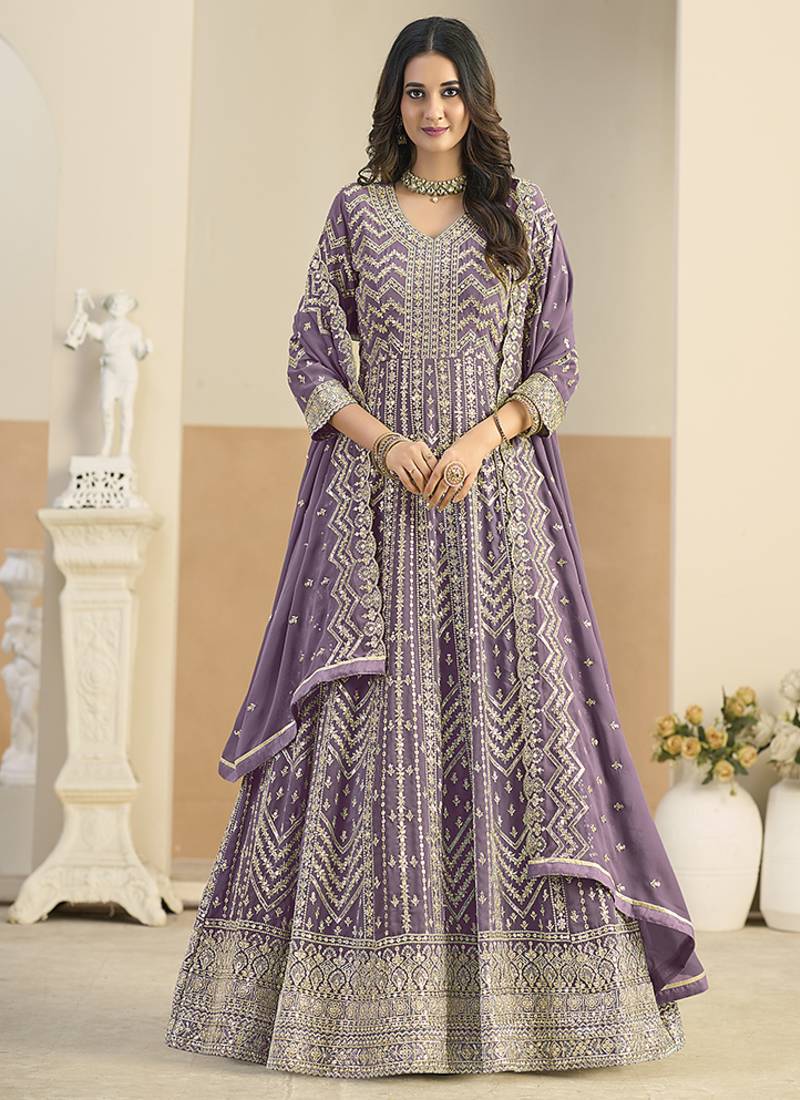 Faux georgette lavender embroidered anarkali salwar kameez