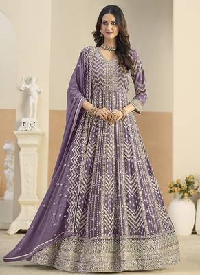 Faux georgette lavender embroidered anarkali salwar kameez 2